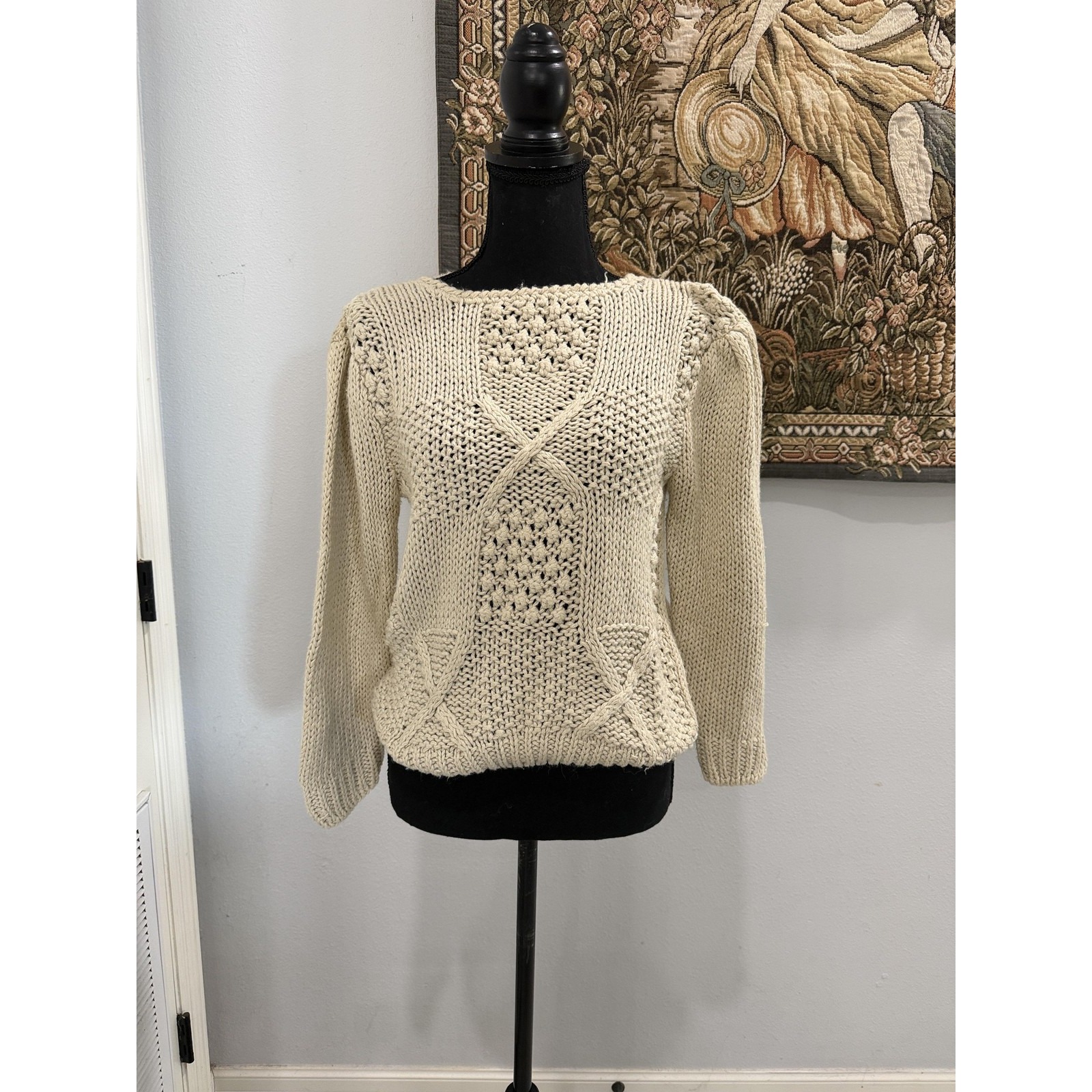 Wye Oaks Sweater Womens Small Cream Hand Knit Ramie Acrylic Cable Popcorn